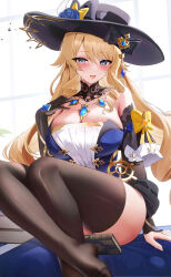 Rule 34 | 1girl, :d, absurdres, bare shoulders, black gloves, black hat, black thighhighs, blonde hair, blue eyes, blush, book, breasts, fantongjun, genshin impact, gloves, hair ornament, hand up, hat, highres, large breasts, long sleeves, looking at viewer, navia (genshin impact), open mouth, sitting, smile, solo, thighhighs, thighs, vision (genshin impact)