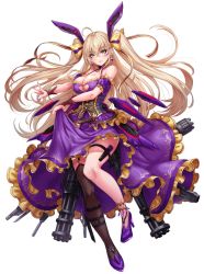 Rule 34 | 1girl, ahoge, animal ears, antenna hair, blonde hair, blush, breast cutout, breasts, closed mouth, dress, earrings, facepaint, facial tattoo, fingernails, frills, green eyes, highres, jewelry, long hair, looking at viewer, nail polish, official art, original, purple dress, purple footwear, sakiyamama, simple background, solo, tattoo, twintails, white background