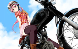 Rule 34 | 1girl, blush, bungo, cloud, day, from below, gloves, helmet, legs, looking down, motor vehicle, motorcycle, original, perspective, pink eyes, pink hair, pleated skirt, ponytail, reflection, sitting, skirt, sky, solo, thighhighs, vehicle, yamashita bungo, yellow eyes