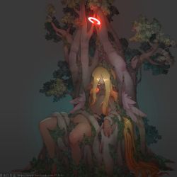 Rule 34 | 1girl, blonde hair, chinese text, closed mouth, commentary, dark-skinned female, dark skin, facebook username, glowing, glowing eyes, grey background, hair censor, halo, highres, long hair, looking at viewer, nude, original, parted bangs, pointy ears, restrained, roots, simple background, solo, tree, very long hair, yellow eyes, zhaoyebai
