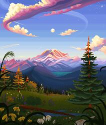 Rule 34 | bush, cloud, commentary, contrail, english commentary, evening, flower, forest, full moon, grass, jubilee (8pxl), moon, mountain, mountainous horizon, nature, no humans, original, outdoors, path, pixel art, purple flower, road, scenery, star (sky), sunset, tree, water, white flower, yellow flower