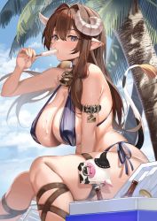 Rule 34 | 1girl, animal ears, armpits, ass, bottle, breasts, cleavage, cloud, cloudy sky, coconut tree, cow ears, cow ornament, cream on body, food, highres, horns, huge breasts, ice cream, large breasts, leaf, long hair, looking at viewer, looking to the side, original, palm tree, sg (satoumogumogu), sky, tail, thighs, tree, twintails