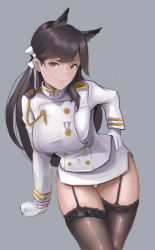 Rule 34 | 1girl, absurdres, animal ears, atago (azur lane), azur lane, black thighhighs, bow, brown hair, closed mouth, feet out of frame, garter straps, gloves, hair bow, hand on own hip, highres, jonbur man, long hair, looking at viewer, simple background, smile, solo, standing, thighhighs, uniform, white gloves, yellow eyes