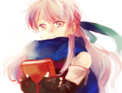 Rule 34 | 1girl, bare shoulders, blue scarf, book, hugging book, elbow gloves, fingerless gloves, fire emblem, fire emblem: radiant dawn, gloves, half updo, holding, holding book, hugging object, long hair, lowres, micaiah (fire emblem), nintendo, portrait, scarf, silver hair, simple background, smile, solo, yellow eyes
