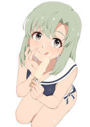 Rule 34 | 1girl, bare shoulders, bikini, blue bikini, blush, breasts, cleavage, food, food on face, from above, green hair, grey eyes, hands up, highres, holding, holding food, holding popsicle, idolmaster, idolmaster (classic), idolmaster starlit season, idolmaster stella stage, looking at viewer, looking up, medium breasts, mole, mole under eye, nanakura nanane, popsicle, sailor collar, seiza, shiika (idolmaster), short hair, side-tie bikini bottom, sitting, smile, solo, swimsuit, tongue, tongue out, white sailor collar
