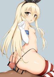 Rule 34 | 1boy, 1girl, ass, bar censor, black hairband, black panties, black pants, blonde hair, breasts, butt crack, buttjob, buttjob under clothes, censored, dark-skinned male, dark skin, elbow gloves, girl on top, gloves, grey background, grinding, hairband, kantai collection, long hair, looking at viewer, nipples, open mouth, panties, pants, penis, penis under another&#039;s clothes, red thighhighs, shimakaze (kancolle), simple background, small breasts, solo focus, striped clothes, striped thighhighs, thighhighs, thong, toshishikisai, underwear, white gloves, white thighhighs, yellow eyes
