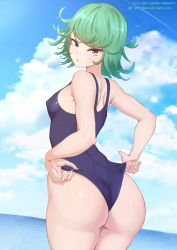 Rule 34 | 1girl, absurdres, adjusting clothes, artist name, ass, back, blue one-piece swimsuit, breasts, covered erect nipples, curly hair, curvy, green eyes, green hair, highres, huge ass, looking at viewer, nsfw oa, one-piece swimsuit, one-punch man, short hair, sky, small breasts, solo, swimsuit, tatsumaki, thick thighs, thighs, water, wide hips