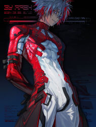 1boy arsh_(thestarwish) belt bodysuit highres looking_at_viewer male_focus multicolored_hair red_eyes scar_(wuthering_waves) skin_tight smile solo spiked_hair standing teeth toned toned_male two-tone_hair white_hair wuthering_waves