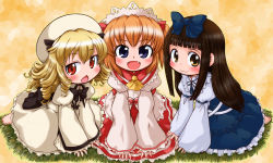 Rule 34 | 3girls, :&lt;, ascot, barefoot, blonde hair, blush, bow, brown hair, chestnut mouth, chibi, dress, drill hair, fang, female focus, frills, hair bow, hair ribbon, hat, hat bow, long hair, looking at viewer, luna child, maid headdress, multiple girls, open mouth, orange background, purple eyes, red eyes, ribbon, seiza, shirt, sitting, skirt, sleeves past wrists, smile, star sapphire, sunny milk, tachikawa, touhou, twintails, v arms, yellow eyes
