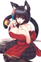 Rule 34 | 1girl, animal ear fluff, animal ears, azur lane, bare shoulders, bell, black hair, blunt bangs, blush, breasts, cat ears, cat tail, cleavage, commentary, dress, fang, highres, jingle bell, large breasts, miya ur, neck ribbon, open mouth, paw pose, red dress, red eyes, ribbon, short hair, sideboob, sitting, solo, tail, tail bell, tail ornament, yamashiro (azur lane), yamashiro (dressy black cat) (azur lane)