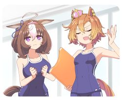 Rule 34 | 2girls, :3, animal ears, bare shoulders, blush, breasts, brown hair, clenched hands, closed eyes, closed mouth, crown, hand up, hihiqhi, horse ears, horse girl, horse tail, kickboard, large breasts, looking at another, medium hair, meisho doto (umamusume), mini crown, multiple girls, open mouth, orange hair, purple eyes, school swimsuit, short hair, small breasts, smile, swimsuit, t.m. opera o (umamusume), tail, umamusume