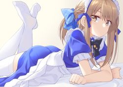 Rule 34 | 1girl, apron, black bow, blue bow, blue dress, blush, bow, braid, brown background, brown eyes, brown hair, closed mouth, commentary request, dress, frilled apron, frills, hair between eyes, hair bow, ina (inadahime), legs up, lying, maid, maid apron, maid headdress, no shoes, on stomach, original, plaid, plaid bow, ponytail, puffy short sleeves, puffy sleeves, short sleeves, soles, solo, thighhighs, white apron, white thighhighs