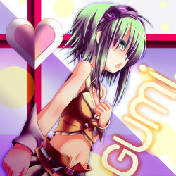 Rule 34 | 1girl, ahoge, ayami-0, character name, goggles, goggles on head, green eyes, green hair, gumi, heart, highres, looking at viewer, matching hair/eyes, open mouth, profile, short hair, solo, vocaloid