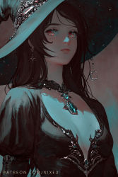 Rule 34 | 1girl, black dress, black hair, black hat, breasts, closed mouth, crescent, crescent hat ornament, dress, earrings, fantasy, gem, hat, hat ornament, highres, jewelry, long hair, nixeu, original, puffy sleeves, red eyes, scenery, small breasts, solo, upper body, witch hat