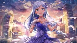 Rule 34 | 1girl, bird, blue eyes, building, cityscape, cloud, dress, feathers, game cg, hair ornament, idolmaster, idolmaster million live!, idolmaster million live! theater days, official art, open mouth, shiraishi tsumugi, solo, white hair