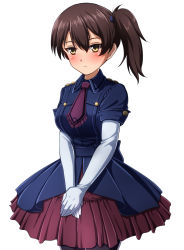 Rule 34 | 1girl, black pantyhose, blue dress, blush, brown eyes, brown hair, bubble skirt, closed mouth, collared dress, cowboy shot, dress, elbow gloves, formal, frilled neckwear, frown, gloves, hair tie, highres, kaga (kancolle), kantai collection, long hair, looking at viewer, necktie, own hands together, pantyhose, petticoat, purple necktie, short dress, short sleeves, side ponytail, simple background, sitting, skirt, solo, v arms, white background, zanntetu