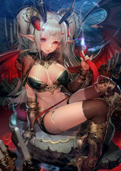 Rule 34 | 1girl, arm support, black thighhighs, blue fire, blunt bangs, breasts, brown capelet, candle, capelet, commentary request, earrings, fingerless gloves, fire, gauntlets, gloves, hair ornament, high heels, highres, holding, horns, jewelry, large breasts, liduke, long hair, looking at viewer, nail polish, original, pointy ears, red eyes, red nails, single gauntlet, single glove, sitting, skindentation, solo, tail, thighhighs, tongue, tongue out, two side up, white hair, wings