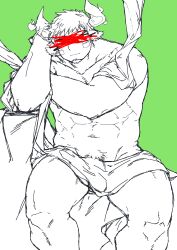Rule 34 | 1boy, abs, absurdres, animal ears, bara, bulge, censored, covering privates, cow boy, cow ears, cow horns, elbow rest, facial hair, fiery horns, forked eyebrows, glowing horns, goatee, greyscale with colored background, haishiba ame, hands up, highres, horns, identity censor, looking at viewer, male focus, male pubic hair, muscular, muscular male, navel, nude cover, pubic hair, short hair, sideburns stubble, smile, solo, spiked hair, stomach, strongman waist, stubble, thick eyebrows, tokyo houkago summoners, topless male, wakan tanka
