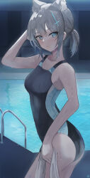 Rule 34 | 1girl, absurdres, animal ears, ass, blue archive, blue eyes, blush, breasts, competition swimsuit, grey hair, hair ornament, hairclip, highres, looking at viewer, medium breasts, one-piece swimsuit, pineapple (pine), ponytail, pool, shiroko (blue archive), solo, swimsuit, wet