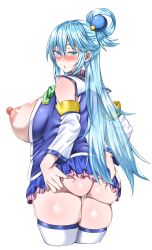 Rule 34 | 1girl, after vaginal, aftersex, alternate breast size, aqua (konosuba), ass, ass support, blue eyes, blue hair, blue shirt, blue skirt, blue sleeves, blue thighhighs, blush, breasts, breasts out, cowboy shot, cum, cum in pussy, cumdrip, detached sleeves, eyebrows, eyelashes, female focus, female pubic hair, from behind, functionally nude, hands on own ass, huge ass, huge breasts, kono subarashii sekai ni shukufuku wo!, light blue hair, long hair, looking at viewer, matching hair/eyes, microskirt, multicolored sleeves, nipples, no bra, no panties, nose, nose blush, open clothes, open mouth, open shirt, pipienpippi, pubic hair, shirt, simple background, skirt, sleeveless, sleeveless shirt, solo, thighhighs, thighs, two-tone shirt, two-tone thighhighs, white background, white shirt, white sleeves, white thighhighs, yellow sleeves