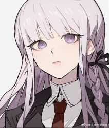 1girl artist_name black_jacket black_ribbon blazer braid chinese_commentary closed_mouth collared_shirt commentary_request danganronpa:_trigger_happy_havoc danganronpa_(series) dress_shirt expressionless eyebrows_hidden_by_hair grey_background hair_ribbon jacket kirigiri_kyoko long_eyelashes long_hair looking_at_viewer necktie portrait purple_hair red_necktie ribbon ringed_eyes shirt side_braid simple_background solo watermark weibo_watermark white_shirt wing_collar zhibuji_loom