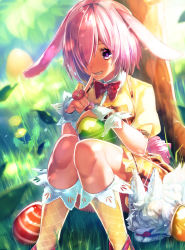 Rule 34 | 1girl, absurdres, against tree, alternate costume, animal ears, ayamori mimi, bow, bowtie, dress, easter, easter egg, egg, fate/grand order, fate (series), finger to mouth, fingerless gloves, fou (fate), gloves, grass, grin, hair over one eye, highres, knees together feet apart, knees up, looking at viewer, mash kyrielight, on ground, open mouth, outdoors, pinafore dress, plaid, plaid dress, puffy short sleeves, puffy sleeves, purple eyes, purple hair, rabbit ears, red bow, red bowtie, shirt, short sleeves, shushing, sitting, sleeping, sleeveless, sleeveless dress, smile, socks, tree, white gloves, yellow shirt, yellow socks