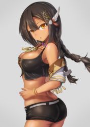 Rule 34 | 1girl, :o, ass, azur lane, black hair, black shorts, black vest, bracelet, braid, breasts, brown eyes, butt crack, cleavage, commentary request, dark-skinned female, dark skin, dimples of venus, feather hair ornament, feathers, hair between eyes, feather hair ornament, highres, jewelry, large breasts, long hair, looking at viewer, midriff, native american, short shorts, shorts, solo, south dakota (azur lane), twin braids, vest, west 24