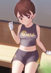 Rule 34 | 1girl, arm support, bare arms, black shirt, black shorts, breasts, brown eyes, brown hair, closed mouth, commentary request, creatures (company), game freak, gazing eye, gloria (pokemon), gloves, hand up, highres, looking at viewer, master dojo uniform, navel, nintendo, pokemon, pokemon swsh, raised eyebrows, shirt, short hair, shorts, sitting, sleeveless, sleeveless shirt, solo, sweat, white gloves