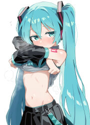 Rule 34 | 1girl, bare shoulders, black skirt, black sleeves, blue eyes, blue hair, blue necktie, blush, breasts, commentary, detached sleeves, grey shirt, hair between eyes, hatsune miku, highres, long hair, long sleeves, looking at viewer, maud0239, navel, necktie, shirt, simple background, skirt, sleeveless, sleeveless shirt, small breasts, solo, twintails, undressing, upper body, very long hair, vocaloid, white background