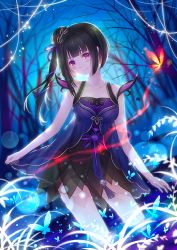 Rule 34 | 1girl, bare arms, bare shoulders, black dress, black hair, bug, butterfly, ching nu yu hun, ching nu yu hun 2, collarbone, dress, hair bun, hair ribbon, insect, layered dress, long hair, looking at viewer, one side up, original, outdoors, purple dress, purple eyes, ribbon, single hair bun, sleeveless, sleeveless dress, smile, solo, tidsean, tree