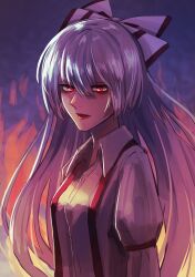 Rule 34 | 1girl, absurdres, bow, breasts, collared shirt, commentary request, expressionless, fire, from side, fujiwara no mokou, hair bow, highres, lips, long hair, long sleeves, looking at viewer, mamiru (42105269), medium breasts, purple background, red eyes, shirt, sleeve ribbon, solo, suspenders, touhou, upper body, very long hair, white bow, white hair, white shirt