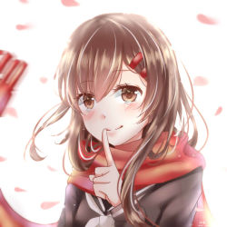 Rule 34 | 1girl, birthday, black sailor collar, black serafuku, blurry, blush, brown eyes, brown hair, commentary, cropped torso, depth of field, enpera, finger to mouth, floating scarf, hair ornament, hairpin, hand to own mouth, happy tears, index finger raised, kagerou days (vocaloid), kagerou project, kirari860524, long hair, long sleeves, looking at viewer, mekakucity actors, multiple hairpins, neckerchief, red scarf, sailor collar, scarf, school uniform, serafuku, simple background, sleeve cuffs, smile, solo, swept bangs, tateyama ayano, tearing up, tears, upper body, vocaloid, white background, white neckerchief