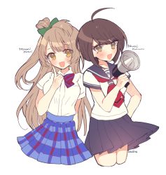 Rule 34 | 2girls, :d, ahoge, blue skirt, blush, bow, brown eyes, brown hair, character name, commentary request, cropped legs, crossover, dalrye v3, danganronpa (series), danganronpa another episode: ultra despair girls, green bow, hair bow, long hair, looking at viewer, love live!, microphone, minami kotori, multiple girls, naegi komaru, one side up, open mouth, plaid, plaid skirt, pleated skirt, sailor collar, school uniform, serafuku, shirt, shirt tucked in, short hair, short sleeves, simple background, skirt, smile, uchida aya, voice actor connection, white background, white shirt