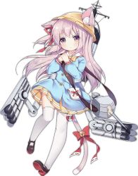 Rule 34 | animal ears, azur lane, bell, cat ears, cat tail, ears through headwear, hat, kindergarten uniform, kisaragi (azur lane), long hair, looking at viewer, official art, own hands clasped, own hands together, pink hair, school hat, skirt, solo, tail, tail bell, tail ornament, thighhighs, transparent background, tsukimi (xiaohuasan)