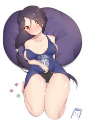 Rule 34 | 1girl, alternate breast size, areola slip, azur lane, bad id, bad pixiv id, bare shoulders, black hair, black panties, blue shirt, blush, breasts, breasts apart, cameltoe, cassin (azur lane), cleft of venus, clothes lift, collarbone, condom, condom wrapper, covered erect nipples, full-face blush, full body, hair ornament, hair over one eye, hairclip, heterochromia, highres, large breasts, lomocya, long hair, looking at viewer, low ponytail, mole, mole under eye, oversized clothes, panties, shirt, shirt lift, solo, strap slip, sweatdrop, underwear, very long hair, yellow eyes