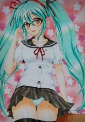 Rule 34 | 1girl, artist request, black skirt, black thighhighs, blush, breasts, brown eyes, collarbone, floral background, glasses, green hair, hair ribbon, hatsune miku, headphones, long hair, looking at viewer, neck ribbon, open mouth, panties, pink background, puffy sleeves, red neckwear, ribbon, school uniform, shirt, short sleeves, skirt, small breasts, smile, standing, star (symbol), star in eye, striped clothes, striped panties, symbol in eye, teeth, thighhighs, twintails, underwear, vocaloid, white panties, white shirt, wind, wind lift