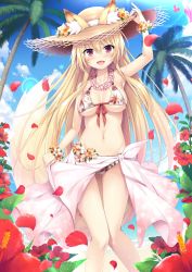 Rule 34 | 1girl, :d, akizora momiji, animal ears, ankle flower, arm up, armpits, bare shoulders, beach, bikini, blonde hair, blue sky, blush, breasts, breasts apart, cloud, commentary request, day, ears through headwear, fang, flower, fox ears, fox tail, hand on headwear, hat, hat flower, hibiscus, highres, horizon, knees together feet apart, kokutou (kazuakifca), leaf print, lens flare, long hair, maple leaf print, medium breasts, navel, ocean, open mouth, original, outdoors, palm tree, petals, print bikini, red eyes, sand, sandals, sarong, sky, smile, solo, sparkle, straw hat, summer, sun hat, sunlight, swimsuit, tail, thigh gap, tree, very long hair, water, wrist flower