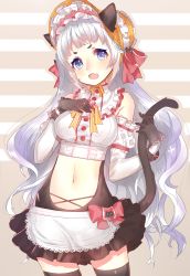 Rule 34 | 1girl, animal ears, apron, bare shoulders, black dress, black gloves, blue eyes, blunt bangs, blush, bonnet, breasts, brown thighhighs, buttons, cat ears, cat girl, cat hair ornament, cat tail, center opening, collar, cowboy shot, crop top, dress, elbow gloves, fang, frilled collar, frilled hat, frilled sleeves, frills, gloves, gradient hair, hair ornament, hand on own chest, hands up, hat, hat ribbon, highres, holding, holding with tail, legs apart, long hair, looking at viewer, medium breasts, midriff, multicolored hair, navel, open mouth, original, prehensile tail, purple hair, red ribbon, revon, ribbon, ribbon-trimmed collar, ribbon trim, shirt, short dress, short eyebrows, sleeveless, sleeveless shirt, solo, tail, thighhighs, very long hair, waist apron, white gloves, white hair, wrist straps