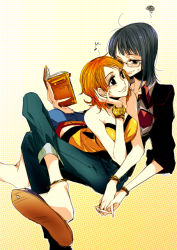 Rule 34 | 2girls, anklet, barefoot, black hair, blue eyes, book, breasts, glasses, holding hands, head rest, interlocked fingers, jewelry, large breasts, multiple girls, nami (one piece), nico robin, no socks, one piece, orange hair, sandals, short hair, smile, sweatdrop, tima, yuri