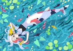 Rule 34 | 1girl, :/, animal, black eyes, blue background, catfish, crop top, cropped shirt, fins, fish, floating, floating hair, flower, from above, full body, hands up, head fins, highres, holding, holding phone, koi, leaf, lily pad, long hair, looking at object, mechanism0001, mermaid, monster girl, multicolored hair, original, outdoors, phone, red hair, red nails, ripples, selfie, shadow, shirt, short eyebrows, short sleeves, solo, streaked hair, swimming, v, water, white hair, white shirt