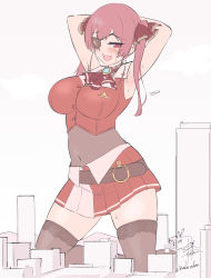 Rule 34 | 1girl, aircraft, armpits, arms behind head, arms up, ascot, belt, blush, bodystocking, breasts, brooch, building, buttons, city, crop top, eyepatch, giant, giantess, helicopter, highres, hololive, houshou marine, inabaoden, jewelry, kneeling, large breasts, midriff, navel, open mouth, pleated skirt, red skirt, red vest, skirt, sweat, thighhighs, twintails, vest, virtual youtuber