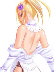 Rule 34 | 00s, 1girl, back, back focus, bare back, bare shoulders, blonde hair, closed mouth, detached collar, final fantasy, final fantasy xi, flower, hair flower, hair ornament, hume, lips, long hair, long sleeves, looking at viewer, looking back, open clothes, pink lips, ponytail, purple eyes, short hair, shoulder blades, sidelocks, sideways mouth, simple background, smile, solo, standing, tori, tori (torinchi), tsurime, white background