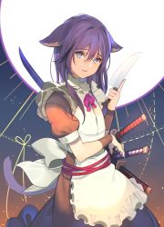 Rule 34 | 1girl, absurdres, alternate costume, animal ears, apron, bad id, bad pixiv id, black dress, blue eyes, bow, cat ears, cat girl, cat tail, commentary request, dress, ears down, energy ball, enmaided, hair between eyes, head tilt, highres, holding, holding knife, index finger raised, katana, kitchen knife, knife, koyoi mitsuki, looking at viewer, maid, maid apron, orb, original, parted lips, puffy short sleeves, puffy sleeves, purple hair, sheath, sheathed, short sleeves, solo, sword, tail, weapon, white apron, white bow, wrist guards