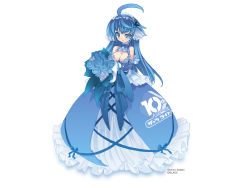 Rule 34 | 00s, 1girl, ahoge, anniversary, artist name, bare shoulders, blade (galaxist), blue dress, blue eyes, blue flower, blue gloves, blue hair, blue rose, blue theme, blush, bouquet, breasts, cleavage, cleavage cutout, clothes writing, clothing cutout, colored eyelashes, copyright notice, cross-laced clothes, dress, elbow gloves, flower, frilled dress, frills, full body, gloves, grin, hair ribbon, hairband, halterneck, holding, kufir absolute, large breasts, lolita hairband, long dress, long hair, looking at viewer, macademix, magician&#039;s academy, matching hair/eyes, official art, qfil absolute, ribbon, rose, simple background, smile, solo, standing, turtleneck, very long hair, white background