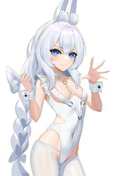 Rule 34 | + +, 1girl, absurdres, animal ear fluff, animal ears, azur lane, blue eyes, bow, braid, breasts, choker, closed mouth, collarbone, commentary request, covered navel, fake animal ears, hair bow, highres, lazurite, le malin (azur lane), le malin (listless lapin) (azur lane), leotard, looking at viewer, low twin braids, o-ring, o-ring choker, official alternate costume, playboy bunny, rabbit ears, sidelocks, silver hair, simple background, sleeveless, small breasts, smile, solo, standing, twin braids, white background, white bow, white legwear, white leotard, wrist cuffs