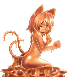 Rule 34 | 1girl, animal ears, ass, breasts, cat ears, cat girl, cat tail, chen, colored skin, earrings, embarrassed, eyebrows, fang, female focus, flat chest, highres, jewelry, meganemausu, monster girl, multiple tails, nipples, nude, orange eyes, orange hair, orange skin, simple background, single earring, slime girl, solo, tail, touhou, white background
