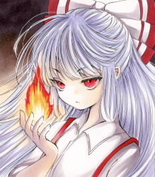 Rule 34 | 1girl, bow, closed mouth, collared shirt, commentary request, fire, fire, fujiwara no mokou, hair bow, hand up, highres, long hair, marker (medium), one-hour drawing challenge, red bow, red eyes, shirt, solo, suspenders, touhou, traditional media, two-tone bow, upper body, white bow, white hair, white shirt, yuuki hana (jtnp5334)