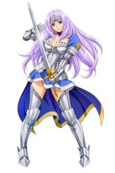 Rule 34 | 1girl, annelotte, armor, armored dress, blue eyes, boots, breasts, cape, choker, cleavage, contrapposto, eiwa, forehead protector, full body, gauntlets, greaves, highres, large breasts, legs, long hair, purple hair, queen&#039;s blade, queen&#039;s blade lost worlds, queen&#039;s blade rebellion, skirt, solo, weapon