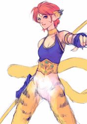 Rule 34 | 1girl, animal ears, breasts, breath of fire, breath of fire ii, bustier, cat ears, cat tail, facial mark, gloves, highres, looking at viewer, no pants, orange hair, pointy ears, rinpoo chuan, short hair, simple background, solo, tail, white background