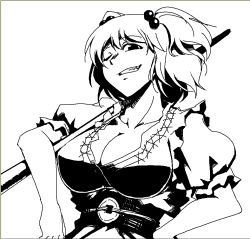 Rule 34 | 1girl, breasts, cleavage, female focus, greyscale, grin, hair bobbles, hair ornament, hetza (hellshock), large breasts, monochrome, one eye closed, onozuka komachi, short hair, smile, solo, touhou, twintails, two side up, wink